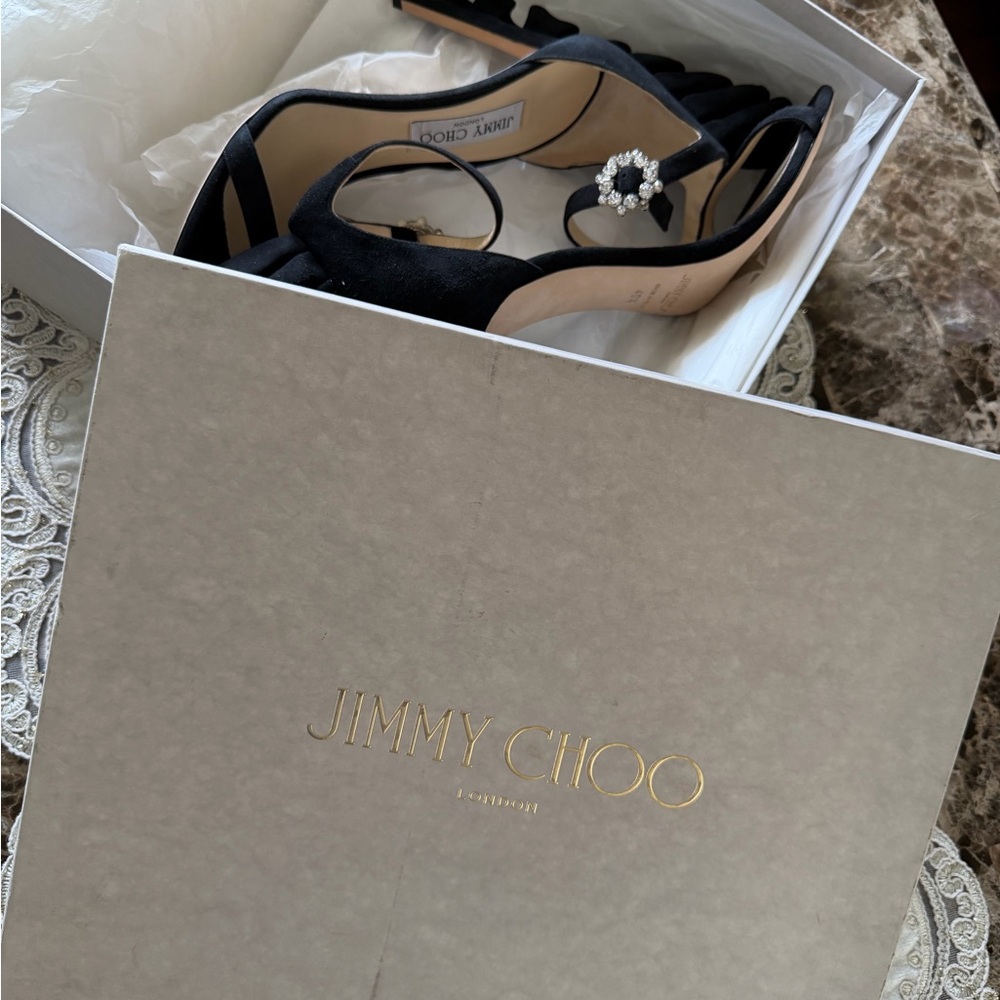Jimmy Choo Black Suede Wingback Ankle-Strap Heels - Picture 2 of 15